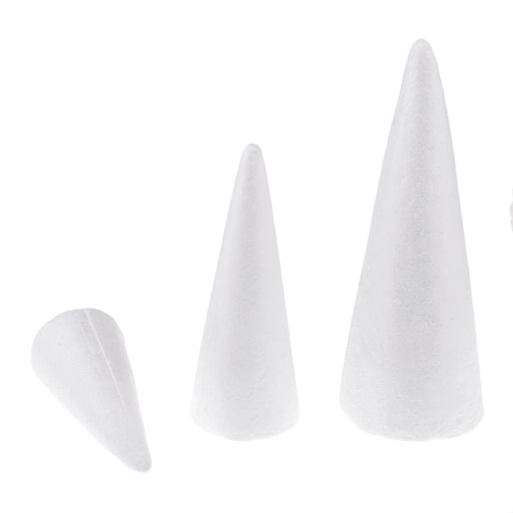 Juego de 3 conos de poliestireno sólido blanco (15 cm, 20 cm, 25 cm) – Decoración para árbol de Navidad, suministros artísticos para niños