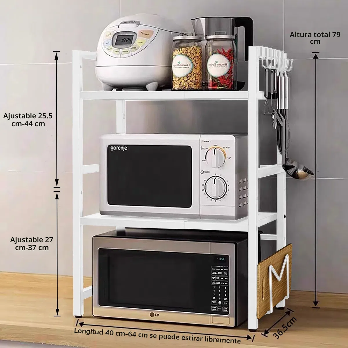 devesanter Estantería para microondas de 3 niveles, organizador con 5 ganchos, estante de cocina, estante para especias, extensible, para encimera, para panadería de 40-6