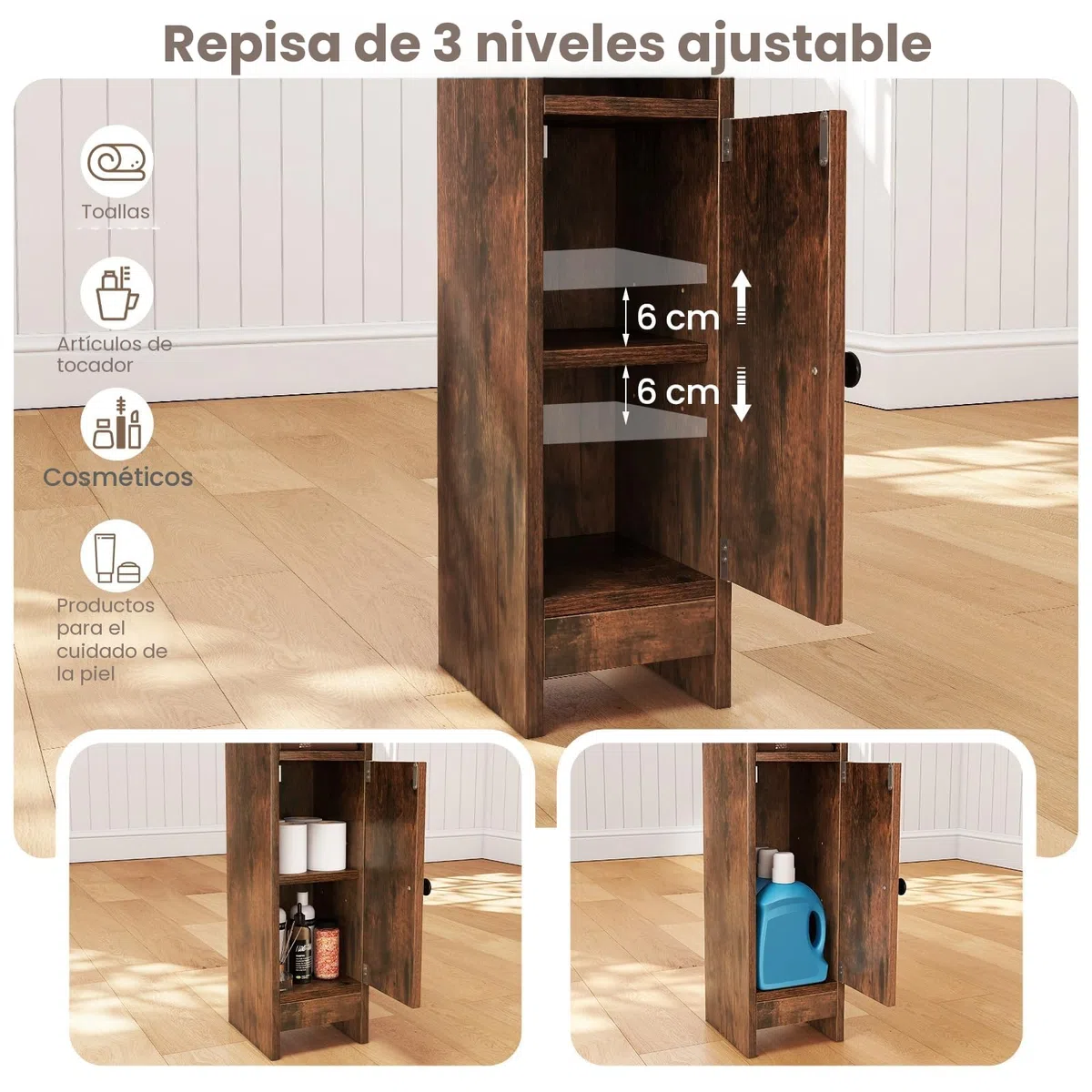 LIFEZEAL Armario de Almacenamiento para Cuarto de Baño Estrecho, Mueble de Esquina Compacto con Puerta Cerrada y Estantes Ajustables, Mueble de Almacenamiento (Marrón Rústico)