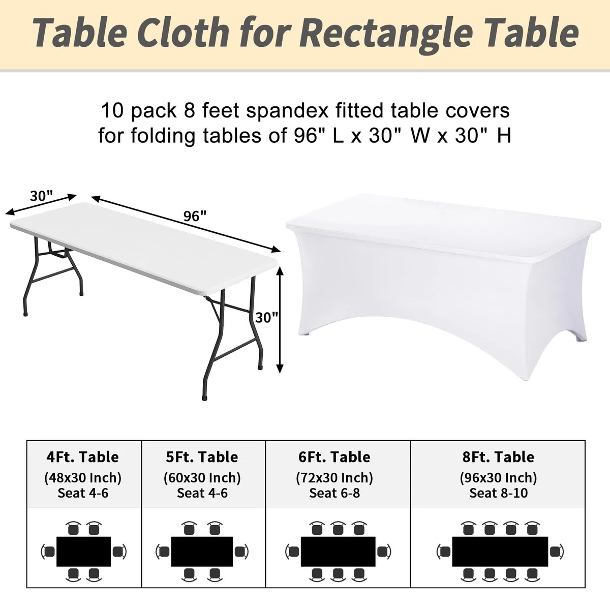 Fixwal Paquete de 10 manteles rectangulares de elastano elástico de 8 pies para mesa de patio, eventos, bodas, banquetes, fiestas (blanco, 96 pulgadas de largo x 30 pulgadas de ancho x 30 pulgadas de