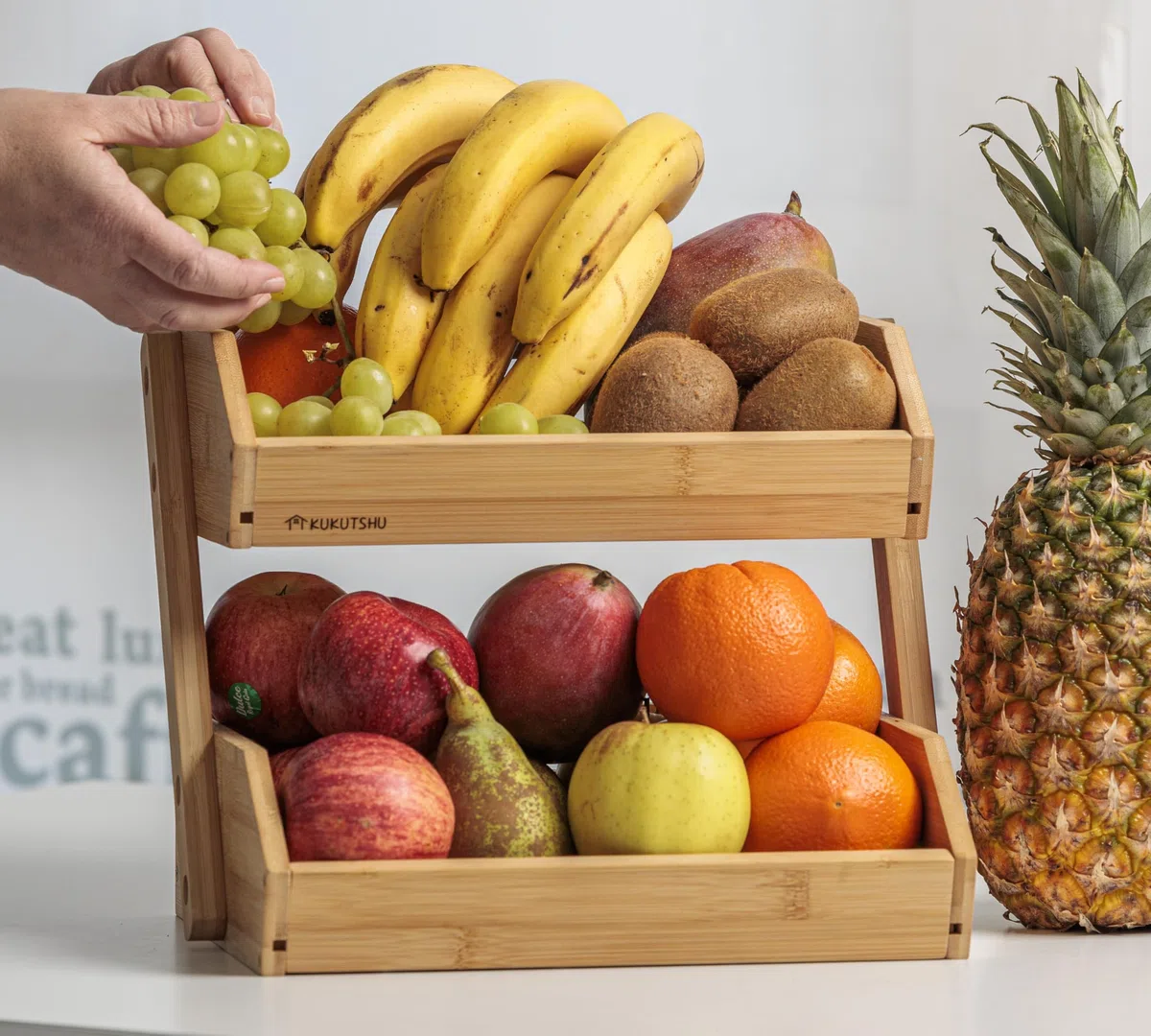 Frutero de Madera de Bambú de 2 Pisos - Organizador de Cocina Moderno - Verdulero y Panera + Corta Pizza de Bambú