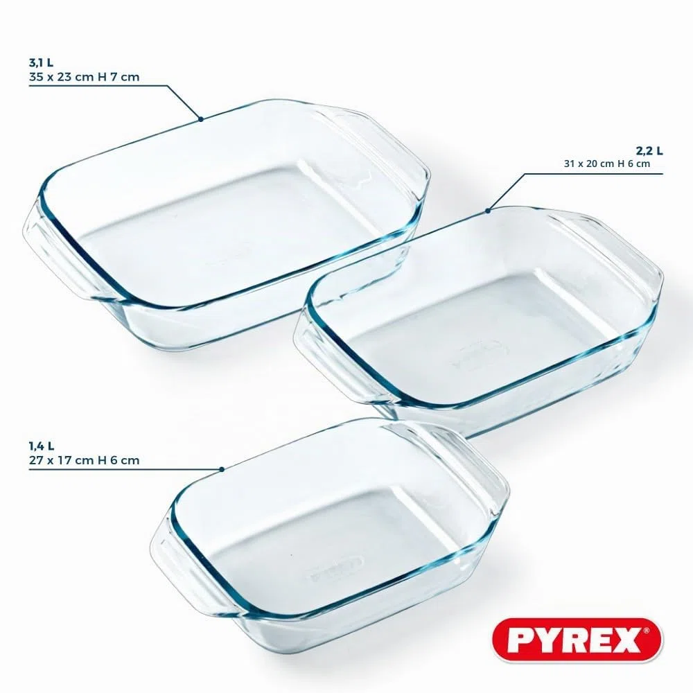 Pyrex - Juego de 3 platos de horno rectangular para 2 a 6 personas, 3 tamaños, vidrio borosilicato, asas anchas, resistencia extrema, compatible con lavavajillas