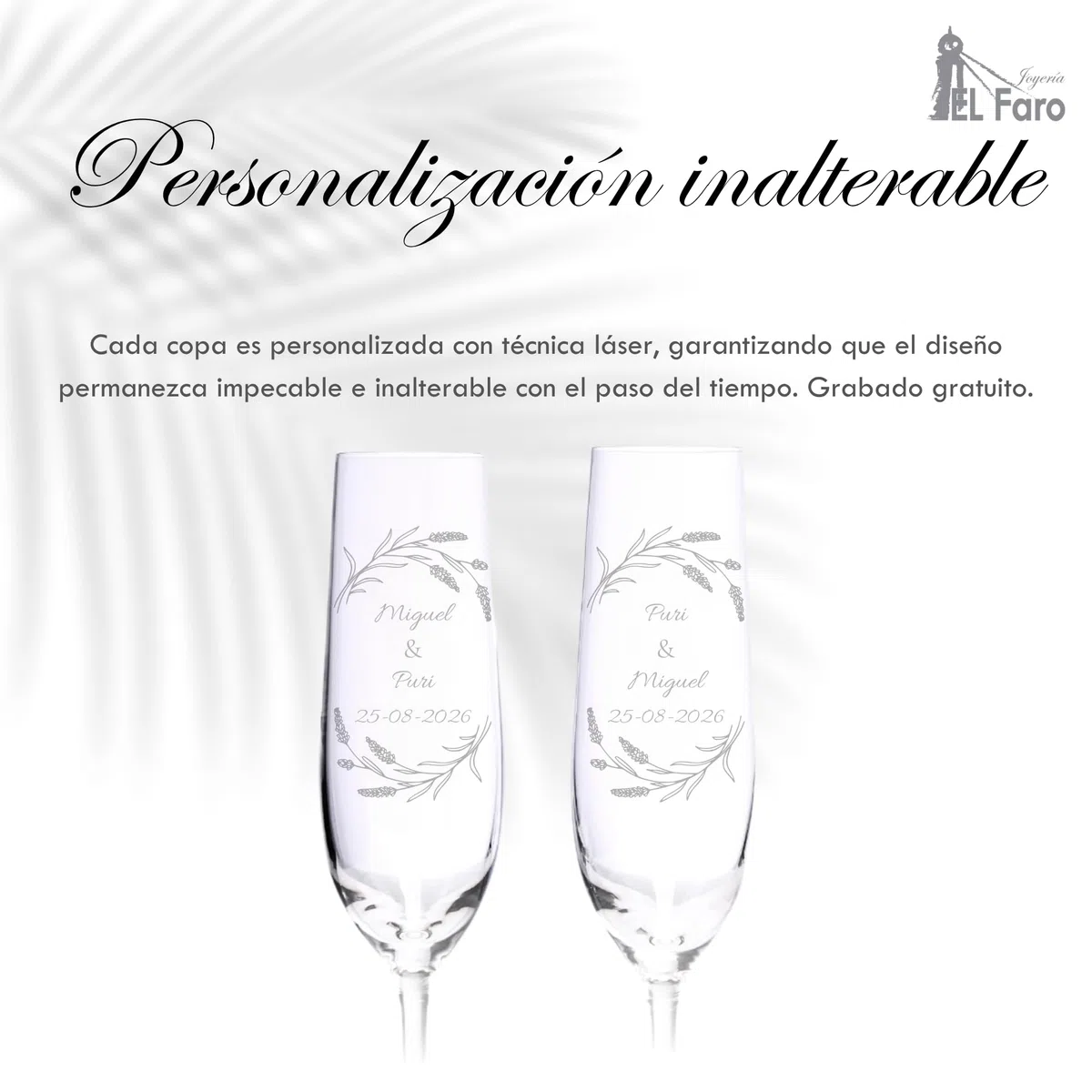 JOYERIA EL FARO | Copas grabadas para novios | Copas personalizadas para bodas | Cristal de Bohemia de alta resistencia | Estuche premium incluido | Brinda y celebra el amor (Ramitas)