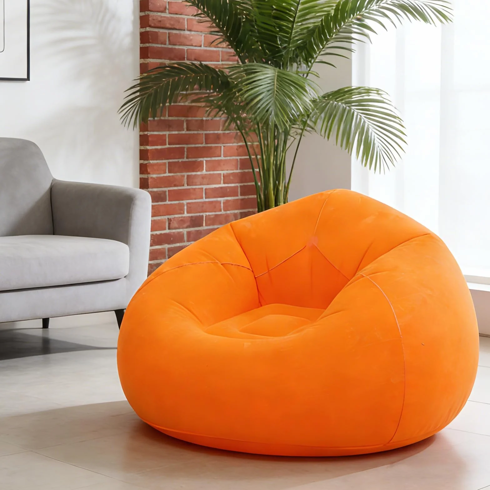 FARYODI Sofá hinchable, sillón hinchable, 105 x 105 x 60 cm, ultrasuave, sin relleno de frijoles, inflable rápido y portátil para salón, jardín, camping (naranja)