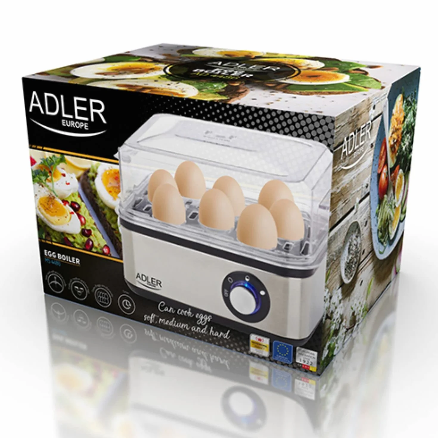 Adler AD4486 Cuece Huevos Eléctrico para 8 Huevos,Acero Inoxidable, Ajuste de Cocción, Protección por sobre Calentamiento, 800W, Libre de BPA