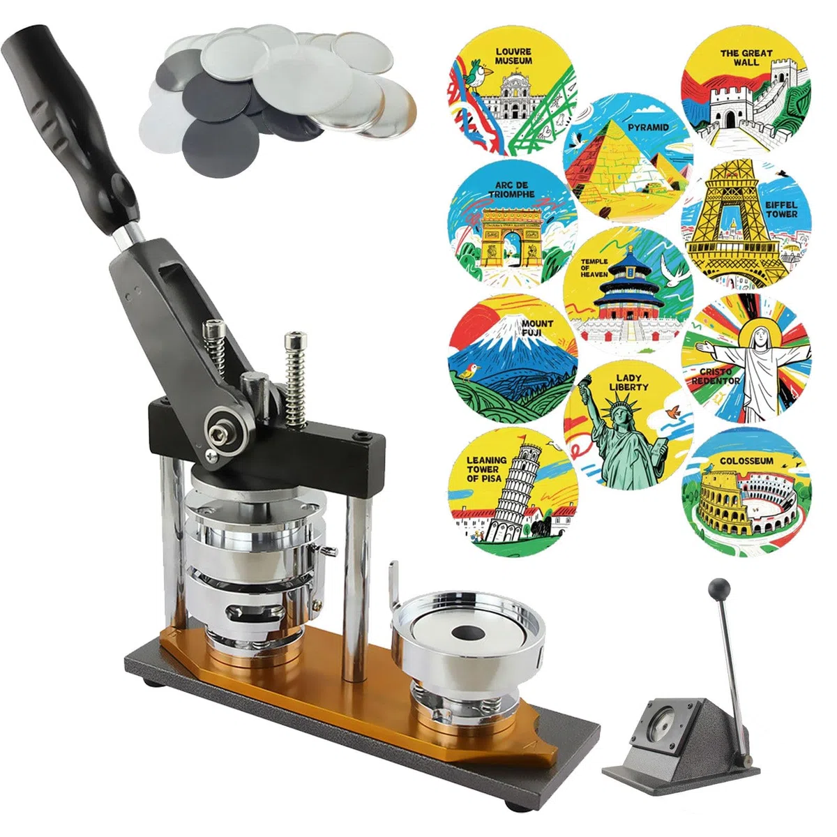 Máquina para hacer botones imantados redondos para nevera, máquina para hacer pines cuadrados metálicos para imanes de nevera, kits de prensa para chapas DIY con 100 sets de suministros. 58mm