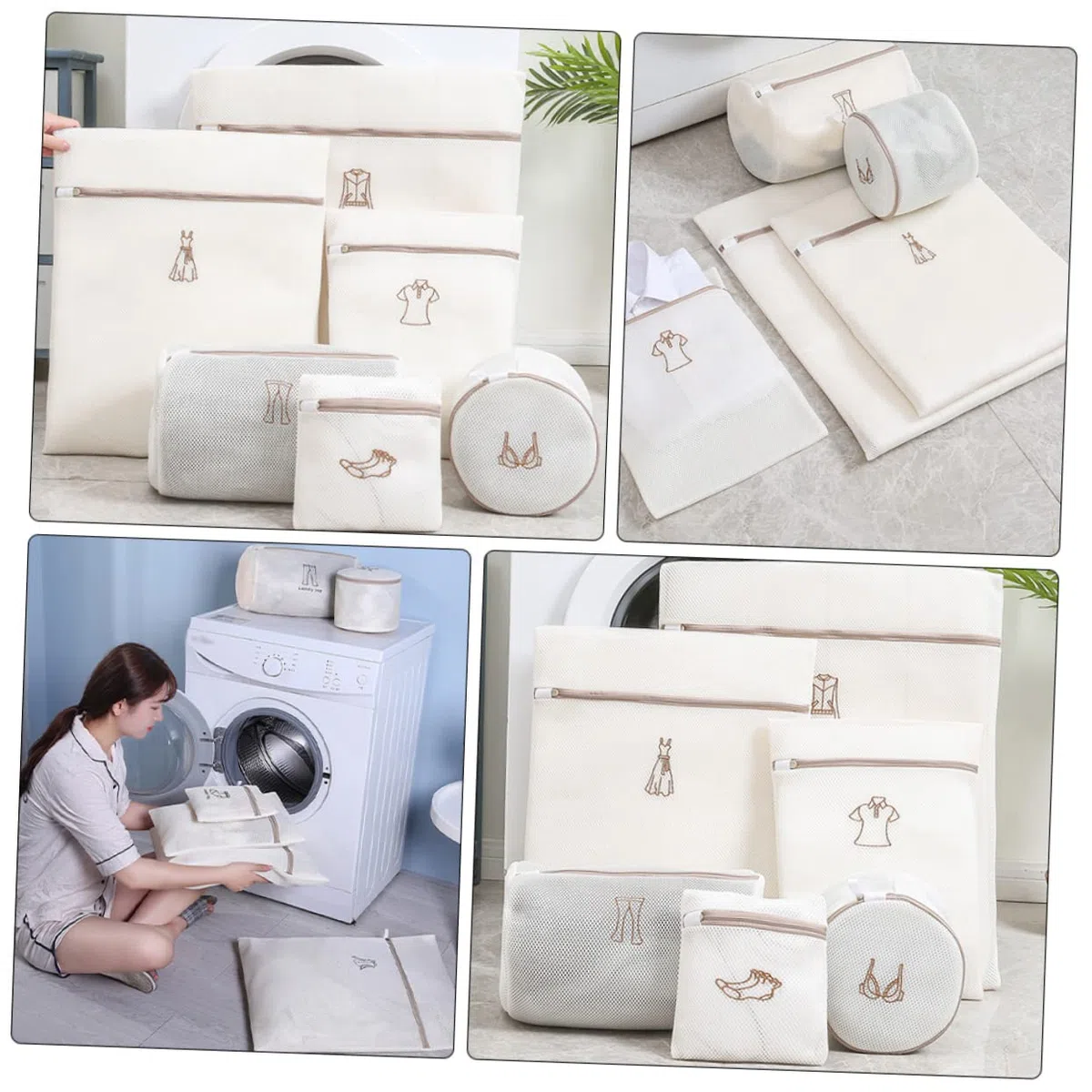 Bolsa de Lavado de Malla de Poliéster Beige Cierre, Juego de 6 Piezas para Proteger Ropa Interior y Evitar Enredos y Daños Lavadora