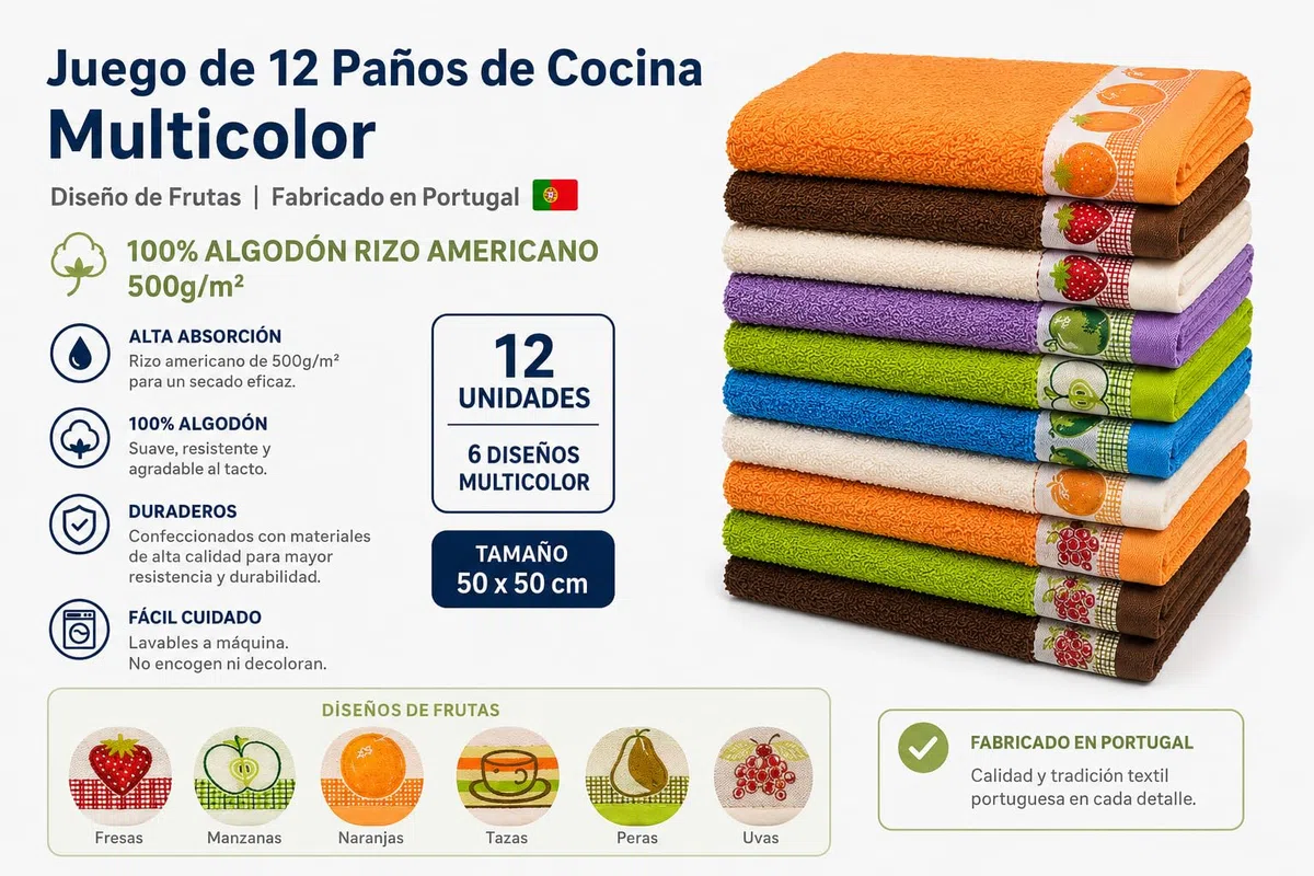 Juego de 12 Paños de Cocina Multicolor, 50 x 50 cm, 100% Algodón Rizo Americano 500g/m², Diseño de Frutas Fabricado en Portugal. (Uvas)
