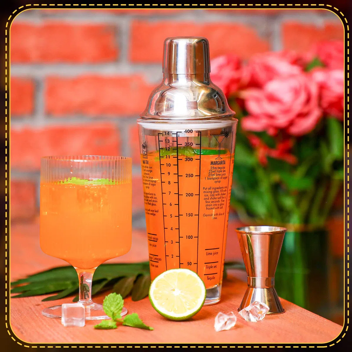 Roshtia Juego de coctelera de vidrio de 16 piezas, coctelera de Martini a granel de 14 onzas, taza mezcladora transparente con medidor de acero inoxidable, juego de mezclador de cóctel, mezcla de