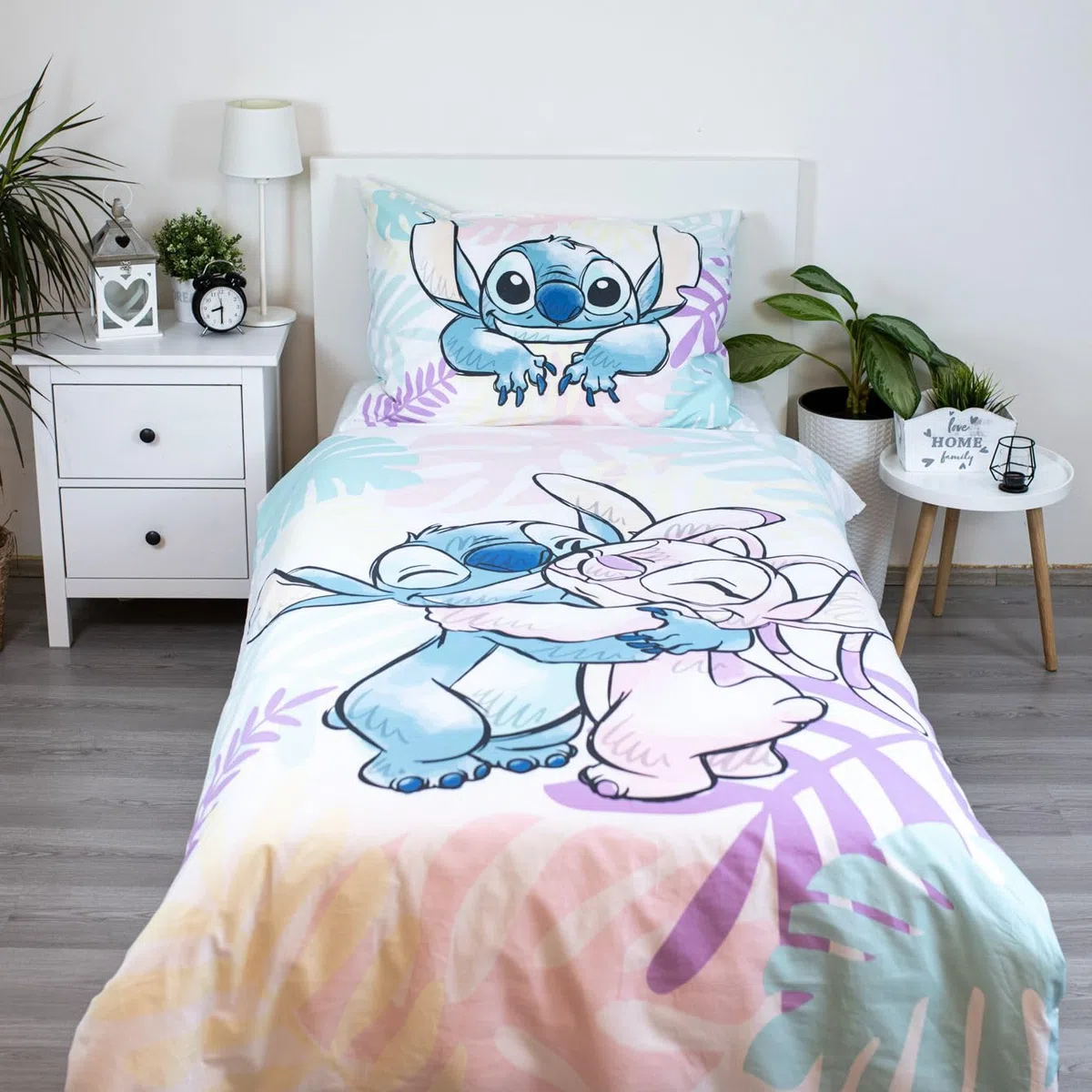 Stitch y Angel Hojas Funda Nórdica Cama 90 140x200 + Funda Almohada 70x90 | Ropa de cama reversible | Algodón natural transpirable Oeko-Tex | Disney Lilo & Stitch | Adolescente | Regalo | Idea regalo