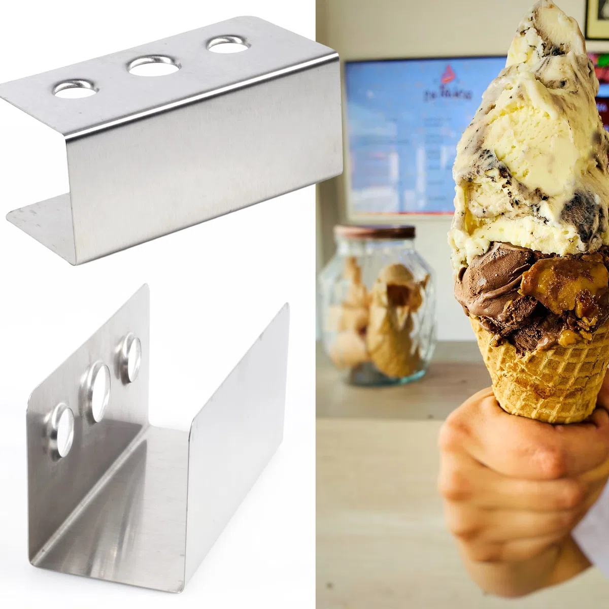 Acero inoxidable - cono de helado, titular de la galleta, galleta hielo con 3 orificios - 1 x 31 mm, 2 x 26 mm