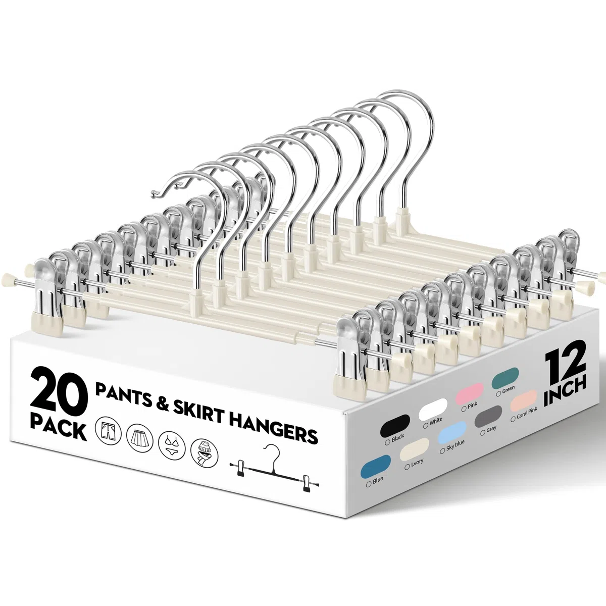 Perchas para pantalones con clips, paquete de 20 perchas ajustables para faldas para mujer, de metal negro, antideslizante, para pantalones, resistentes y ahorran espacio, para pantalones