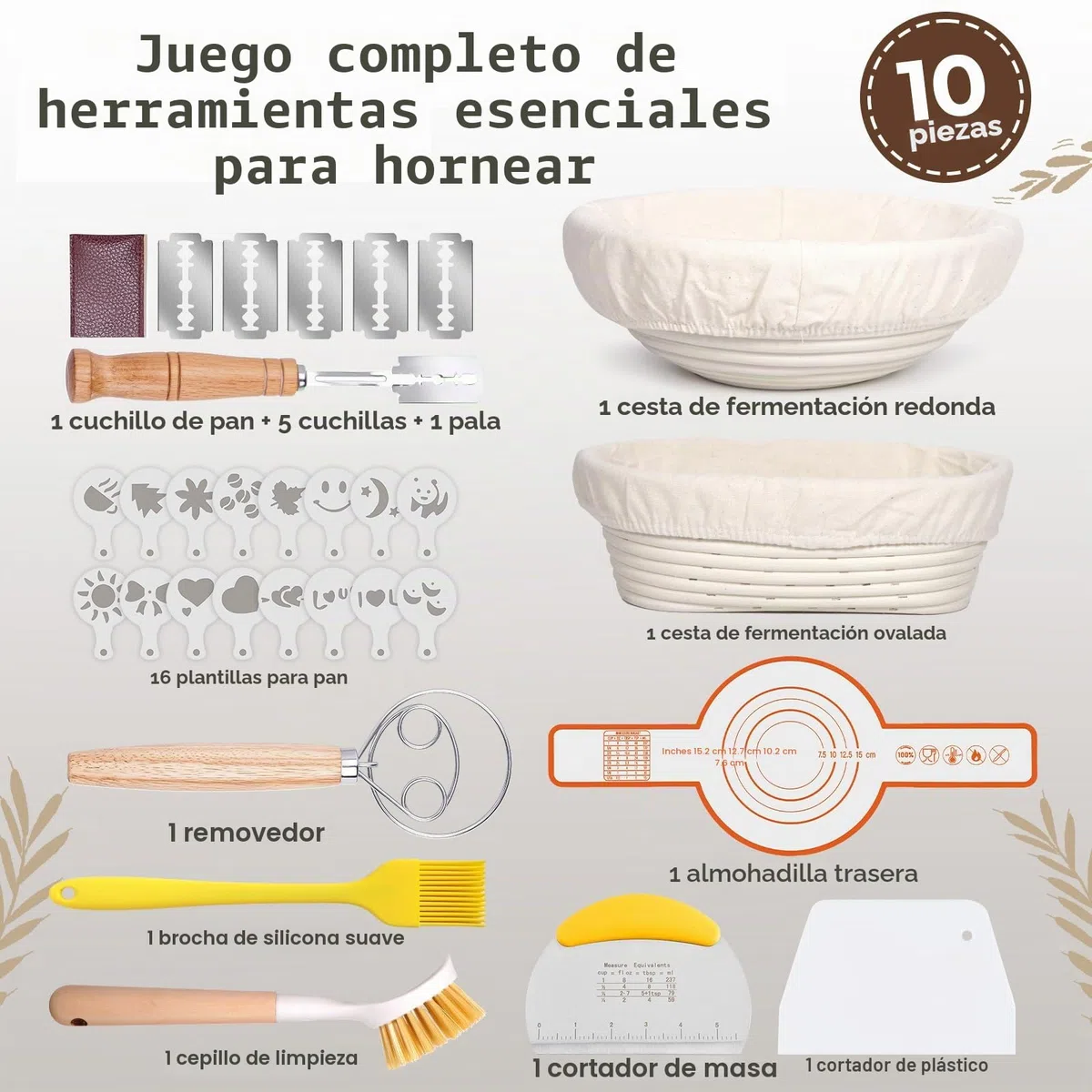 Cesta de Fermentación para Pan, Banetones para Pan, 23cm Ovalada + 25cm Redondo, 10 Piezas Kit Completo de Panadero, con Batidor de Masa, Raspador de Masa y Cepillo, Accesorios para Hornear