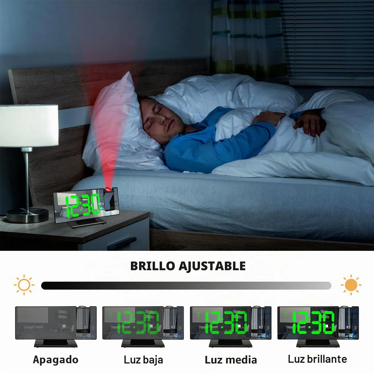 BYZESTY Despertador Proyector Techo, Reloj Proyector Techo, Reloj Despertador Digital, Despertador Inteligente Alimentado por USB, con Gran Pantalla, Temperatura, Snooze, Brillo Ajustable, 12/24H