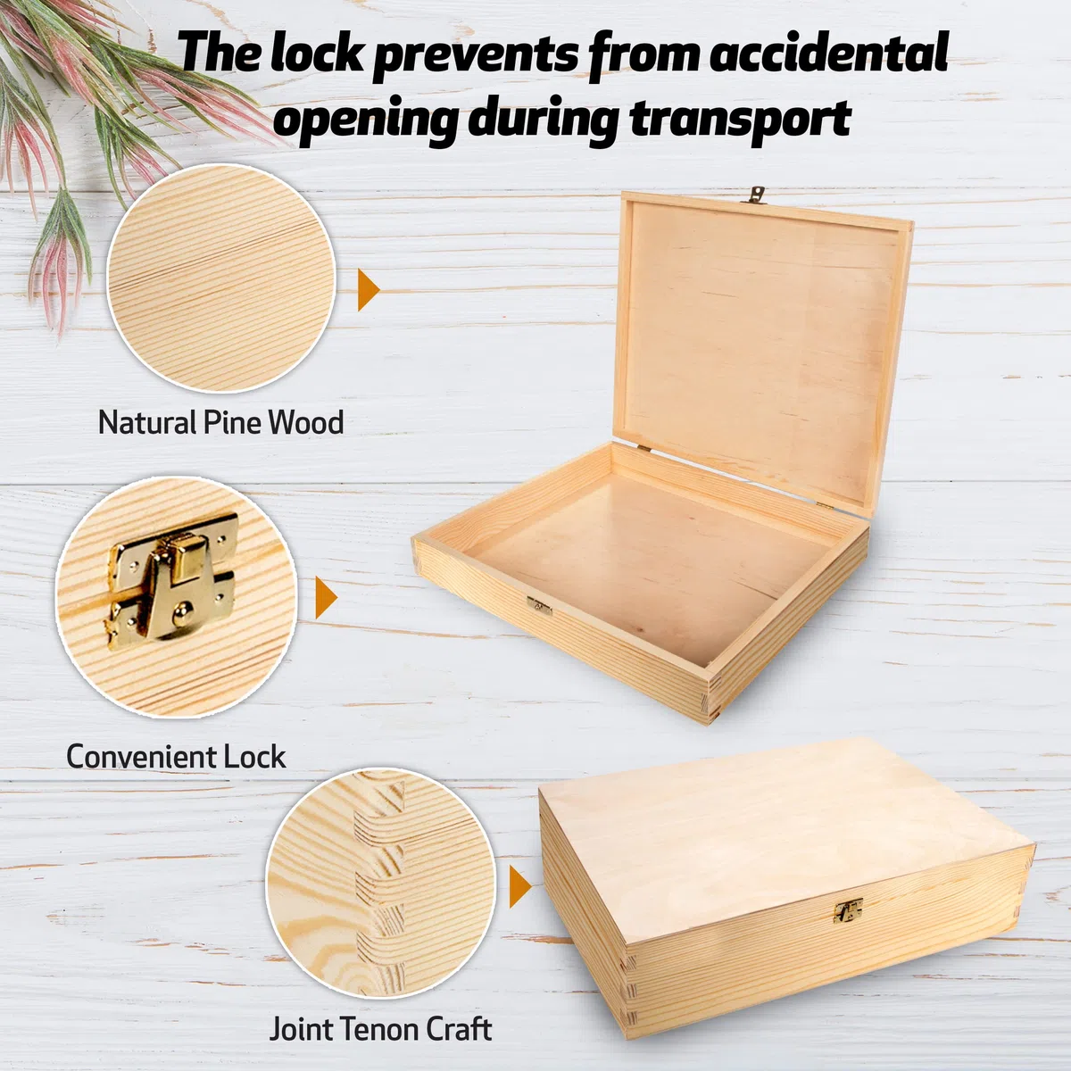 Caja de madera natural con tapa, , 40 x 30 x 10 cm, caja de recuerdos, regalo
