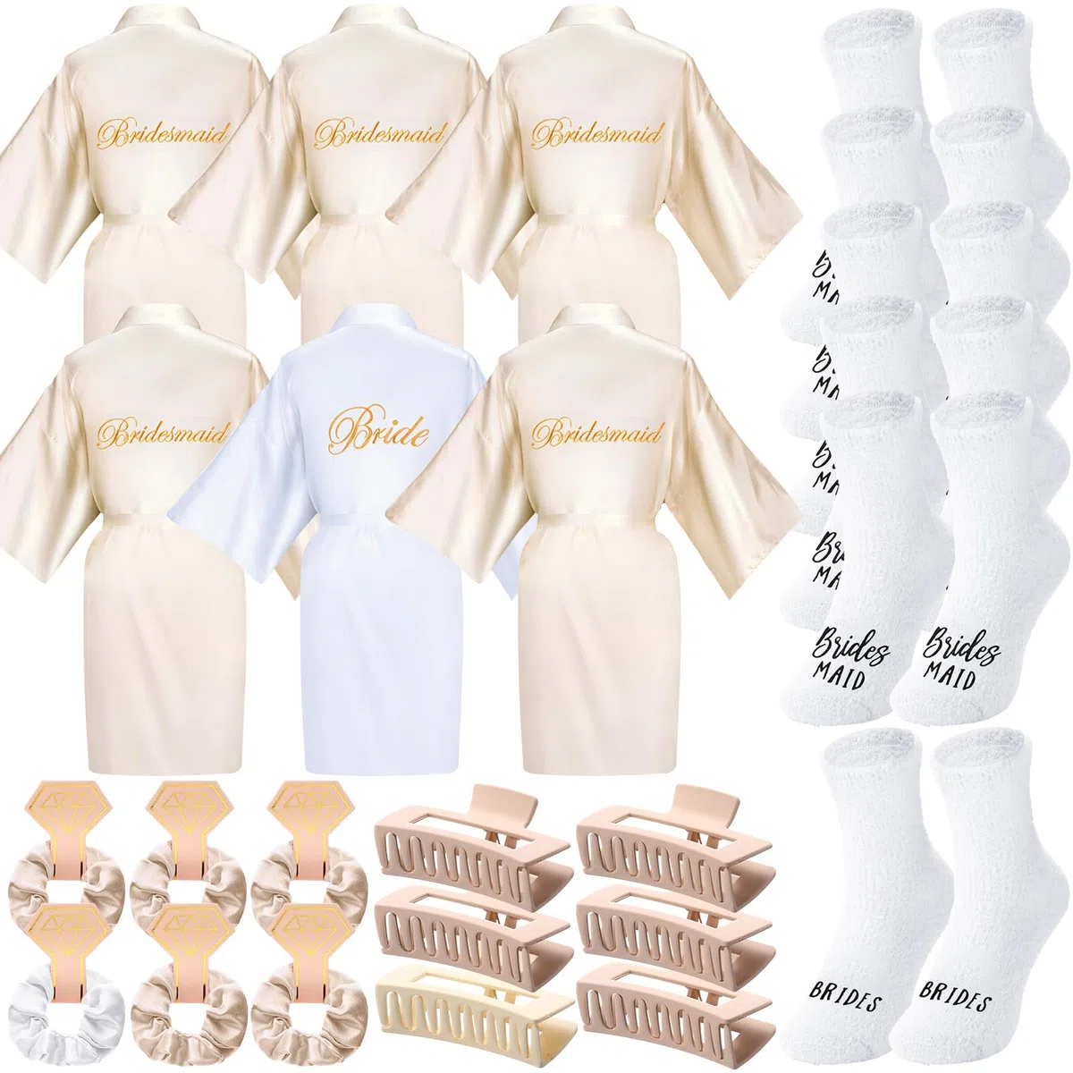 Bonuci Juego de 24 piezas de regalo para despedida de soltera, incluye batas de novia, damas de honor, pinzas para el pelo, calcetines esponjosos para bodas y fiestas