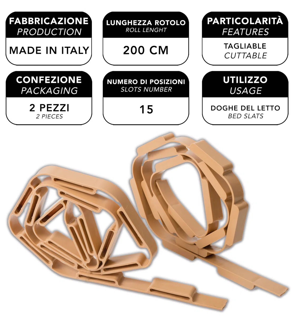 IPEA Rollo para somier de Cama de 200 cm, Fabricado en Italia, 2 Unidades, Tiras de Soporte de plástico para Lamas de la Cama, se Pueden acortar, 15 plazas para Las láminas, Base para Camas