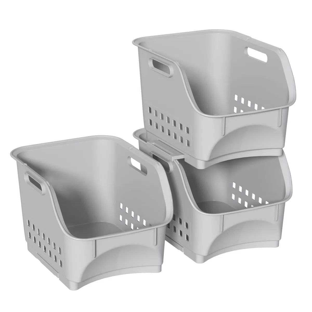 Paquete de 3 cestas de almacenamiento frontales abiertas, cestas apilables de plástico para organizar frutas, verduras, condimentos, color gris