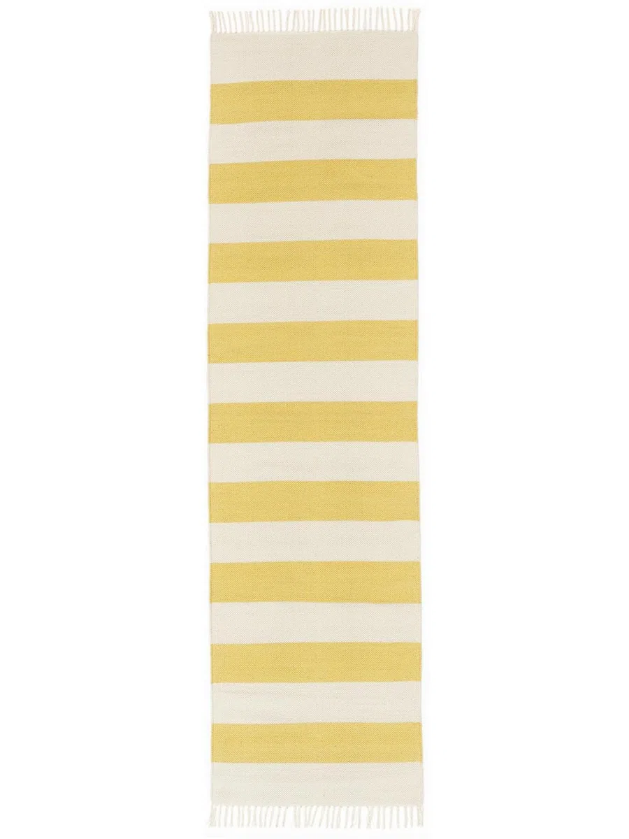 RugVista Cotton Stripe Alfombra, 80 x 300 cm, Amarillo | Kilim, Rectangular, Pelo corto, Limpieza en seco, Sala de estar, Dormitorio, Cocina, Pasillo
