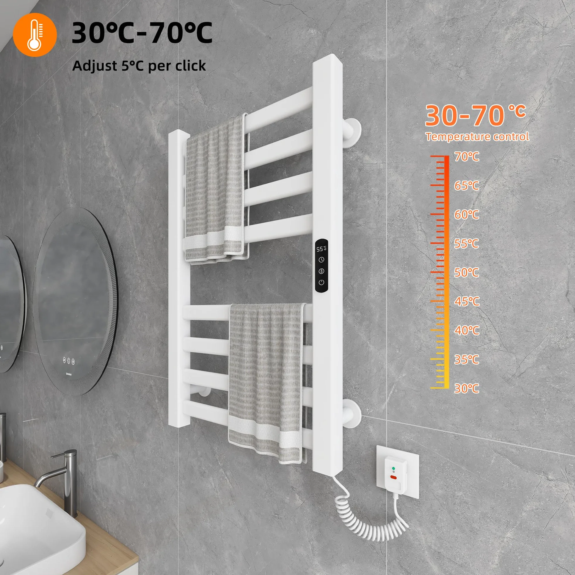 Radiador de Toallas 450x700mm Toallero Eléctrico Bajo Consumo Secador de Toallas Radiador Toallero eléctrico inteligente Calienta Toallas, calefacción de fibra de carbono, antracita-White Right