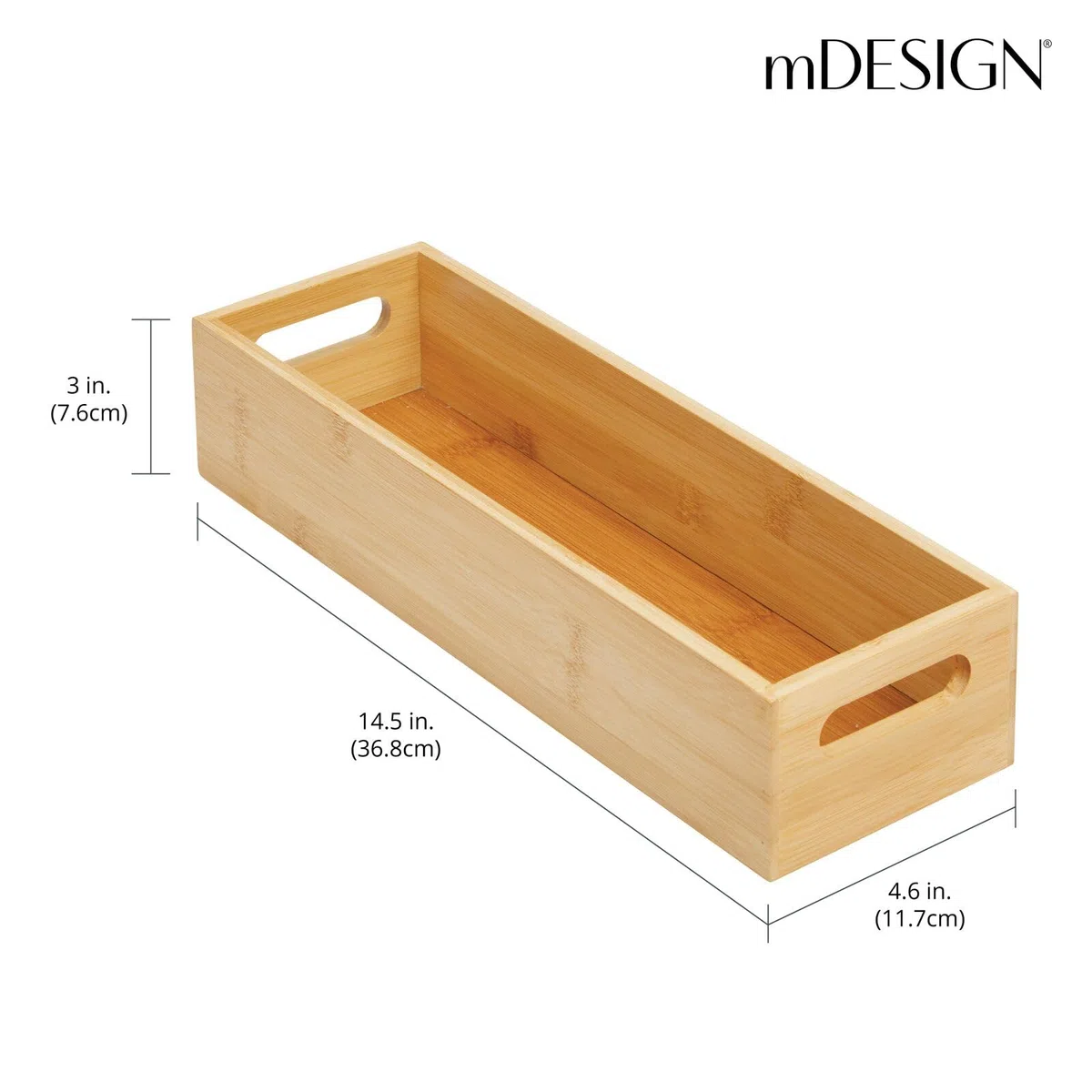 mDesign Juego de 2 cajas de almacenamiento con asas, práctica caja de madera para almacenamiento de alimentos, especias, nueces o botellas, bandeja de bambú abierta para cocina, color bambú