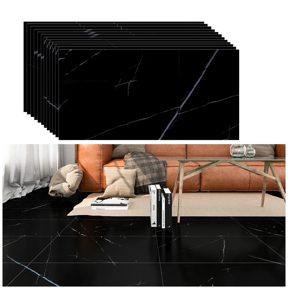 VEELIKE Pegatinas Impermeables para Baldosas de Baño Autoadhesivo Azulejos de Piso de Vinilo Negro Adhesivo para Piso de Cocina Resistente al Aceite Pelar y Pegar Retirable 12 Piezas 60cm x 30cm