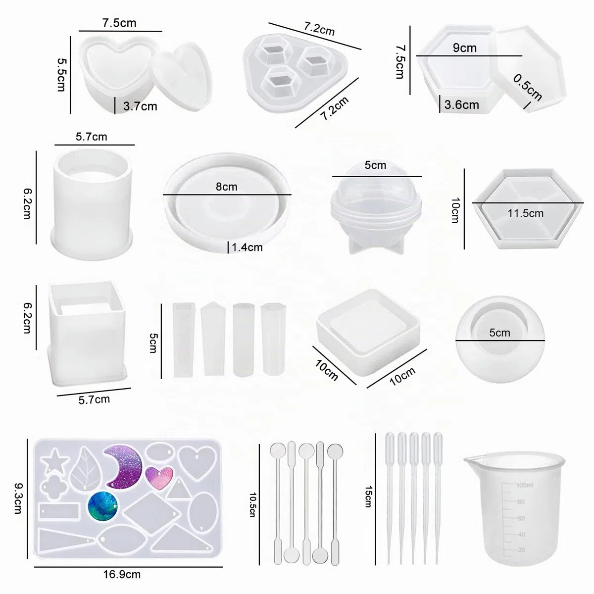 JOYBOY Molde Silicona Resina,120pcs Moldes de Resina Epoxi,Kit de Molde con Accesorios,Redondo,Esfera,Cubos,Diamante para Manualidades Joyería DIY etc