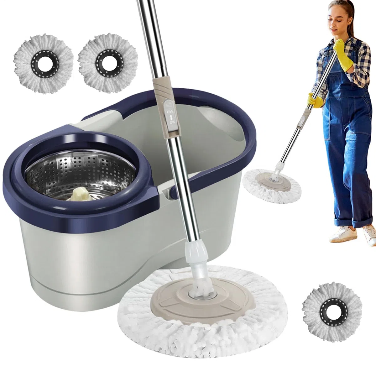 Juego de fregona y Cubo, fregona giratoria, Cubo y fregonas | juego automático de limpieza del hogar, limpiador sin esfuerzo que ahorra trabajo con escurridor para sala de estar, cocina,