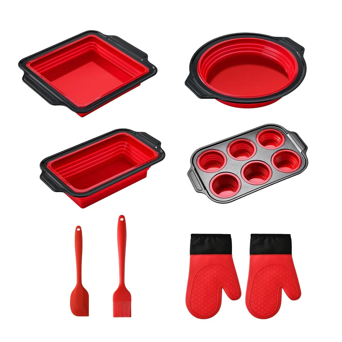 Juego de Moldes de Silicona para Hornear Apilable y Flexible | con Guante, Rasqueta y Cepillo Set Antiadherente para Hornear Para pan, galletas, huevos, horno, tostadora