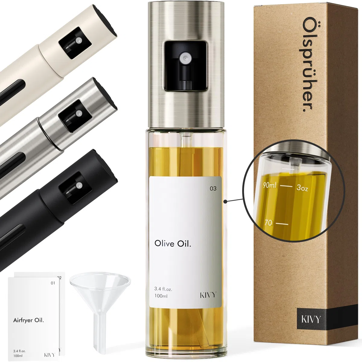 KIVY Pulverizador de aceite de vidrio para cocinar, botella de spray de aceite y vinagre precisa para alimentos, incluye embudo, perfecto para cocinar y freidora de aire (vidrio)
