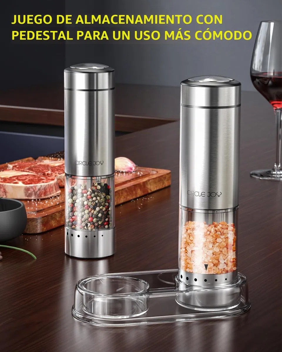 CIRCLE JOY Juego de Molinillos Eléctricos de Pimienta Molinillo de Especias de Acero Inoxidable a Batería con Base, Recipiente Transparente Lavable de 95ml, Luz LED Blanca y Rugosidad Ajustable, Plata