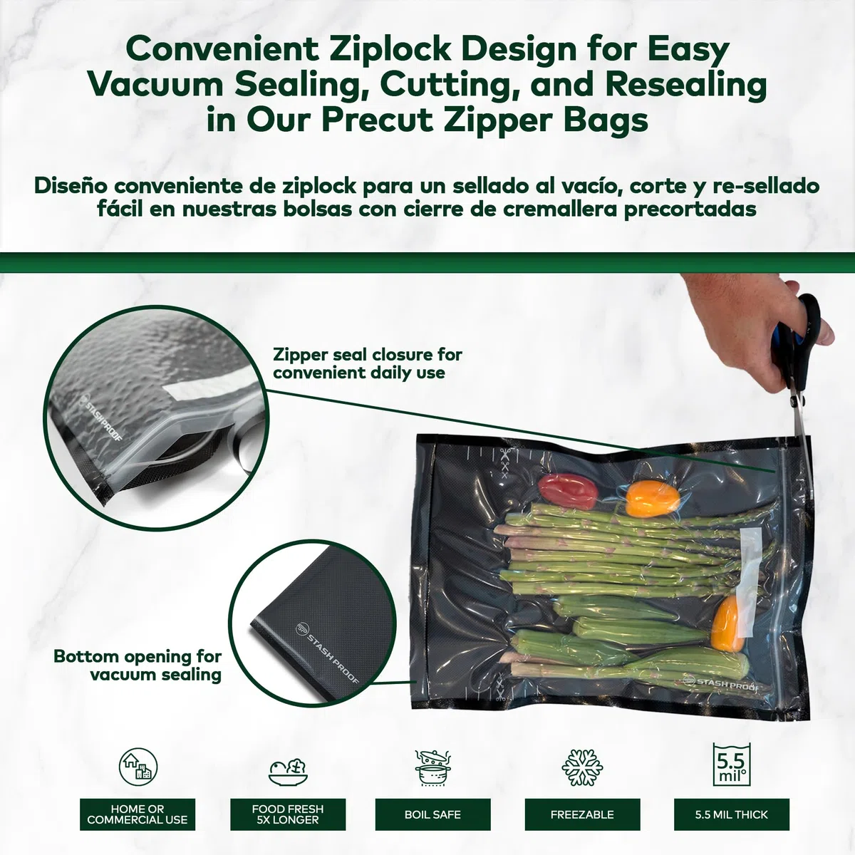 Bolsas de sellado al vacío con cremallera de 11 x 24 pulgadas (50 unidades) 5.5 mil (negro y transparente), sin BPA, de grado comercial, ahorro de alimentos para almacenamiento, al vacío y