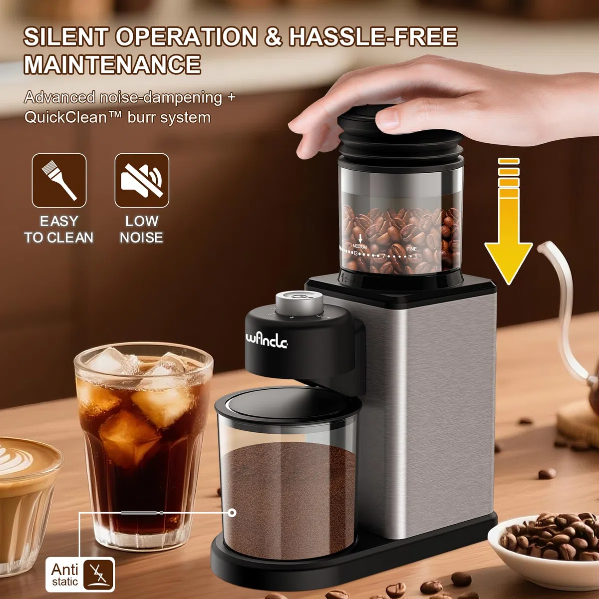 Wancle Molinillo de Café Eléctrico con conos - 25 Niveles de Molienda Ajustables para Espresso/French Press/Filtro, Capacidad 2-12 Tazas, Silencioso & Antiadherente con Soplador, Acero Inoxidable