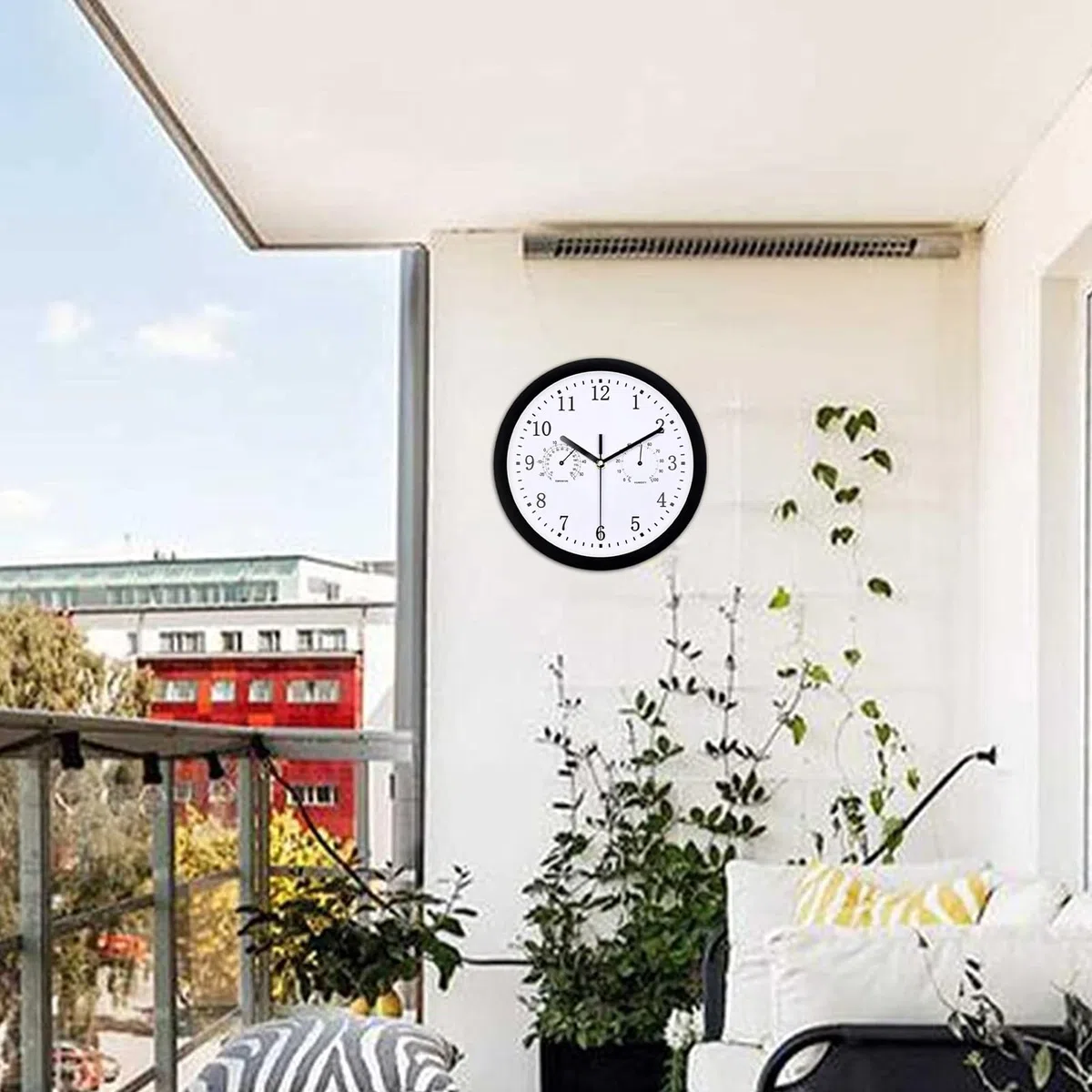 Reloj de pared exterior exterior 25 cm resistente a la intemperie reloj de jardín con termómetro e higrómetro impermeable para terraza, balcón, jardín, decoración del hogar