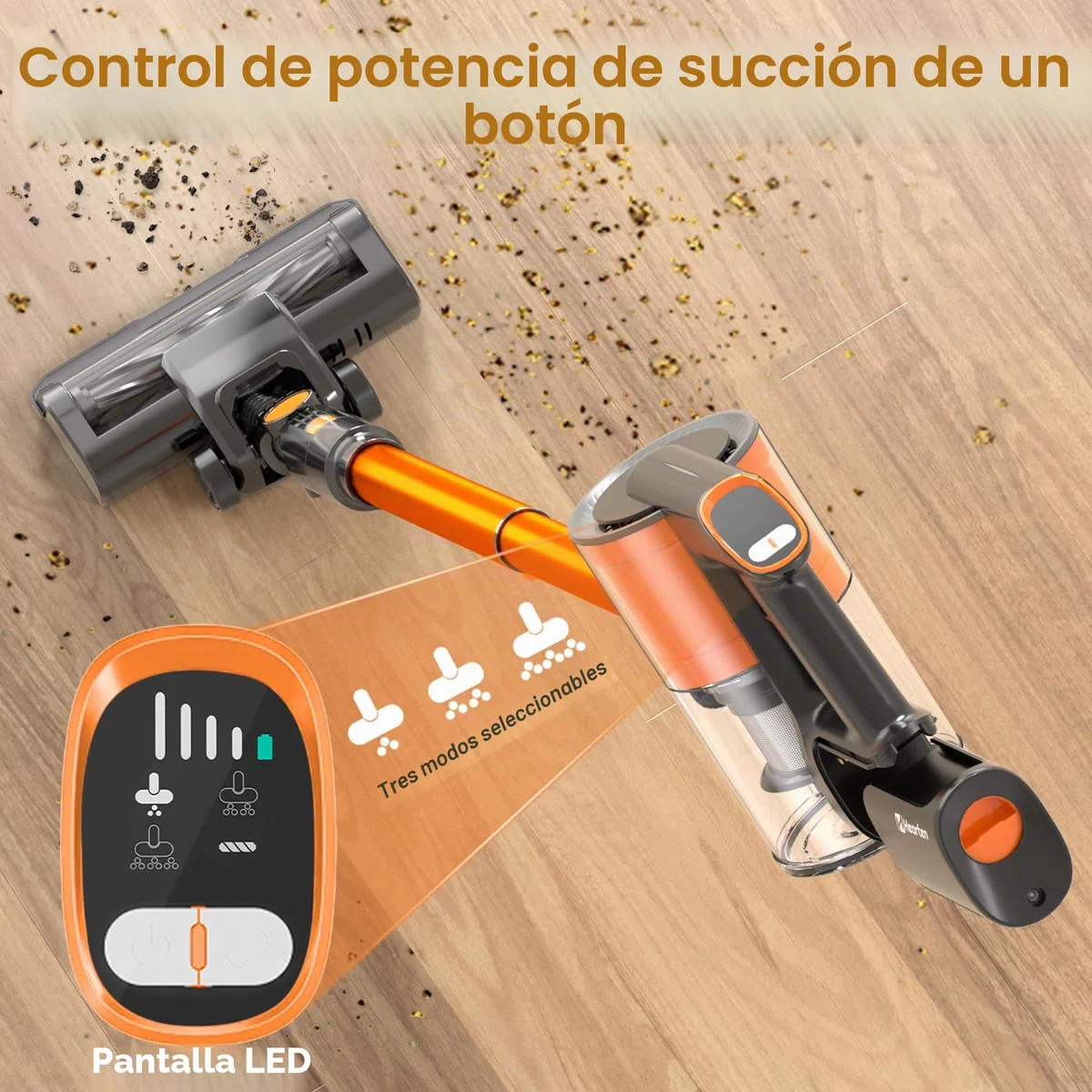 Hearten Aspiradora sin Cable, 48000Pa/450W/60Min, Aspiradora Ligera con Pantalla LED, Cepillo Anti-Enredos V, 60dB Silenciosa, Control One-Touch, para Alfombras, Suelos Duros y Pelo de Mascotas