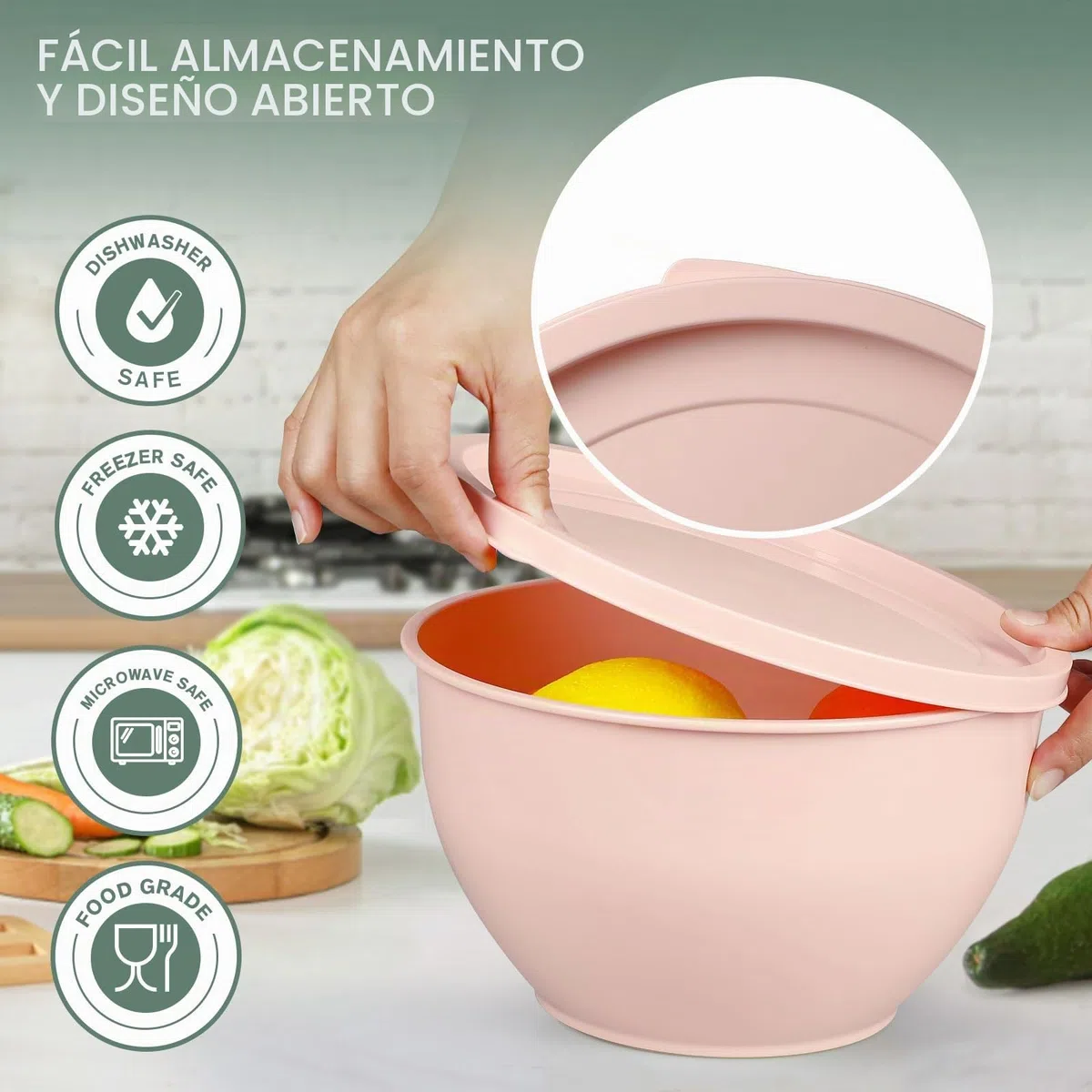 Greentainer Juego de 5 Cuencos Plástico para Mezclar con Tapas, 0.8L-4.7L, Apilables y Anidables, Sin BPA, Apto Lavavajillas y Microondas, para Frigorífico y Congelador, Multiusos Cocina（gris y rosa）