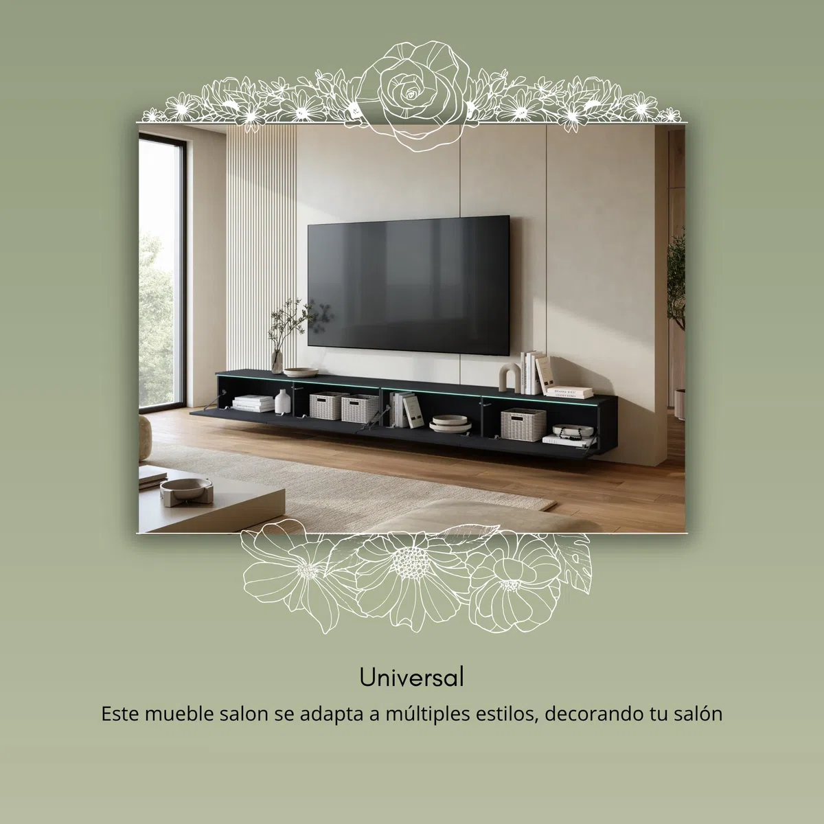 Mueble TV Salon de 4 Puertas con LED - Largo de 300 cm - Mueble Television en Estilo Moderno - Mesa TV para Salón, Comedor, Dormitorio - Mesa de Televisión Salón