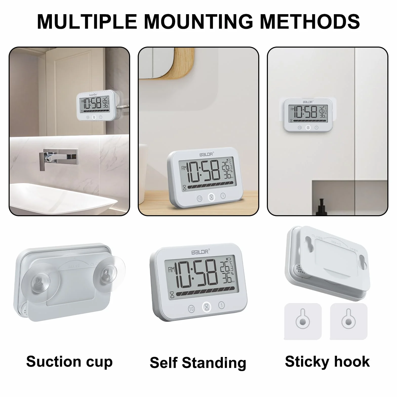 Reloj de baño digital, IP54 impermeable reloj de ducha con temperatura y humedad, temporizador de cuenta regresiva de 99 minutos con alarma, temporizador con 2 ganchos adhesivos y 2 ventosas