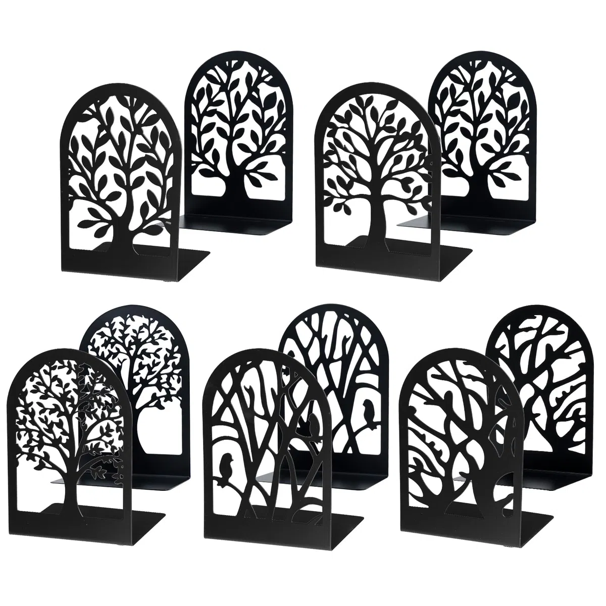 EOOUT Sujetalibros Decorativos para estantes, 5 Pares de Soportes de sujetalibros de árbol, topes de Metal Negro para Libros Pesados, Extremos de Libros Resistentes para el hogar, la Oficina y la