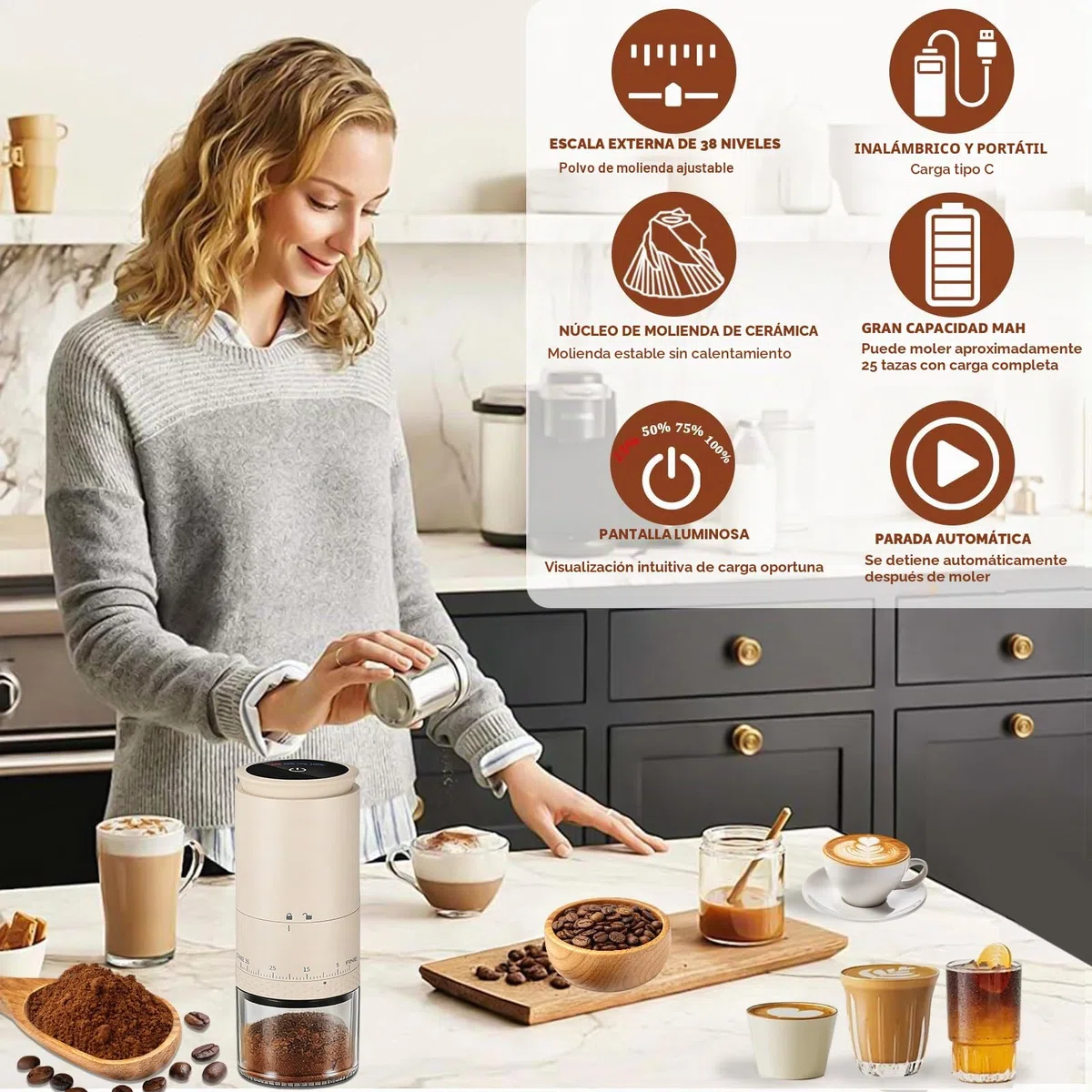 Molino de Café Eléctrico Portátil, Molinillo de Café con Muelas Cónicas de Cerámica, 2000mAH Recargable USB, Ideal para Hogar, Oficina, Campamento y Viajes (blanco, L)