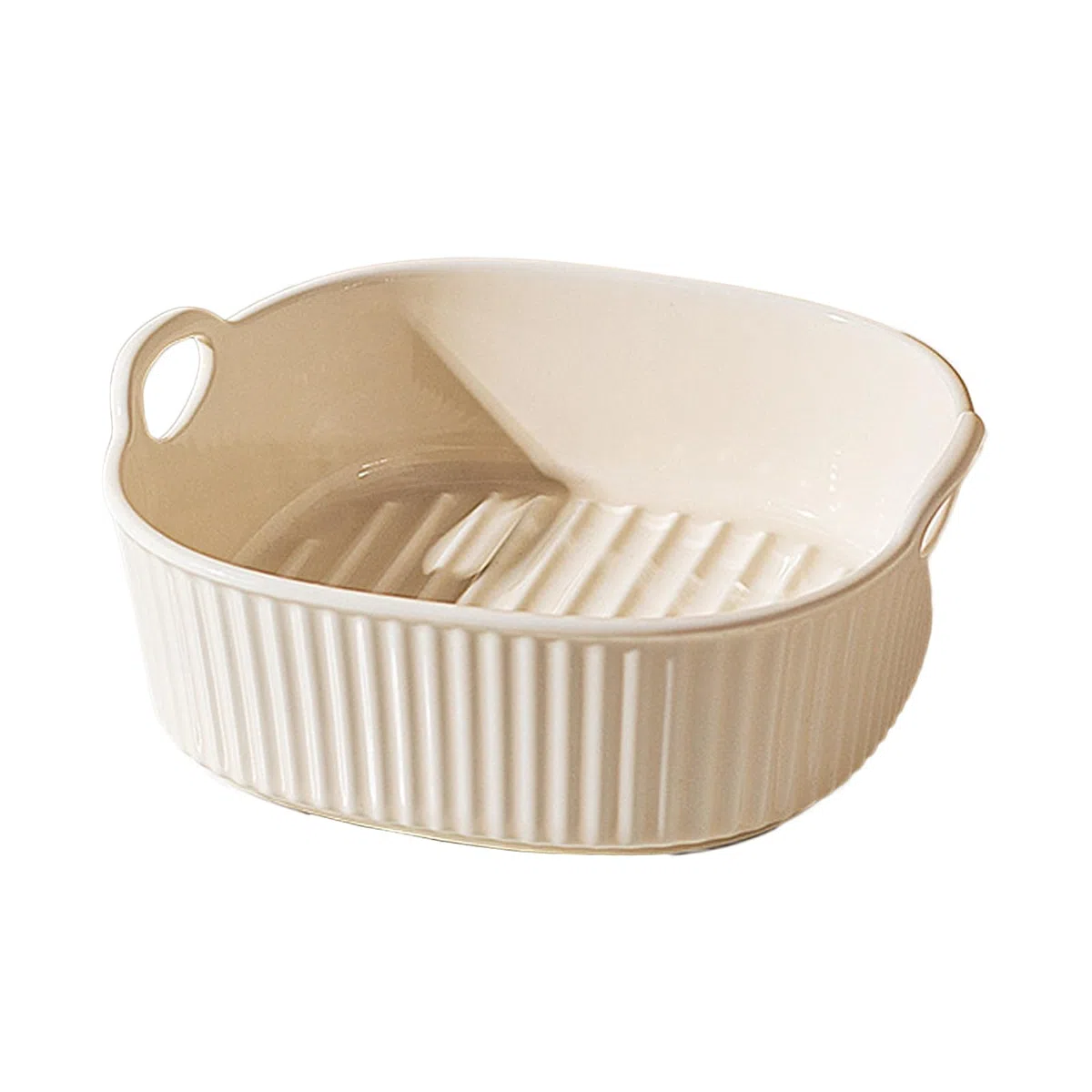 Fuente para horno de cerámica, cazuela para freidora de aire caliente, cazuelas cuadradas, molde redondo esmaltado multicolor, moldes con asas para freidora para lasaña, patatas fritas, sopa (blanco