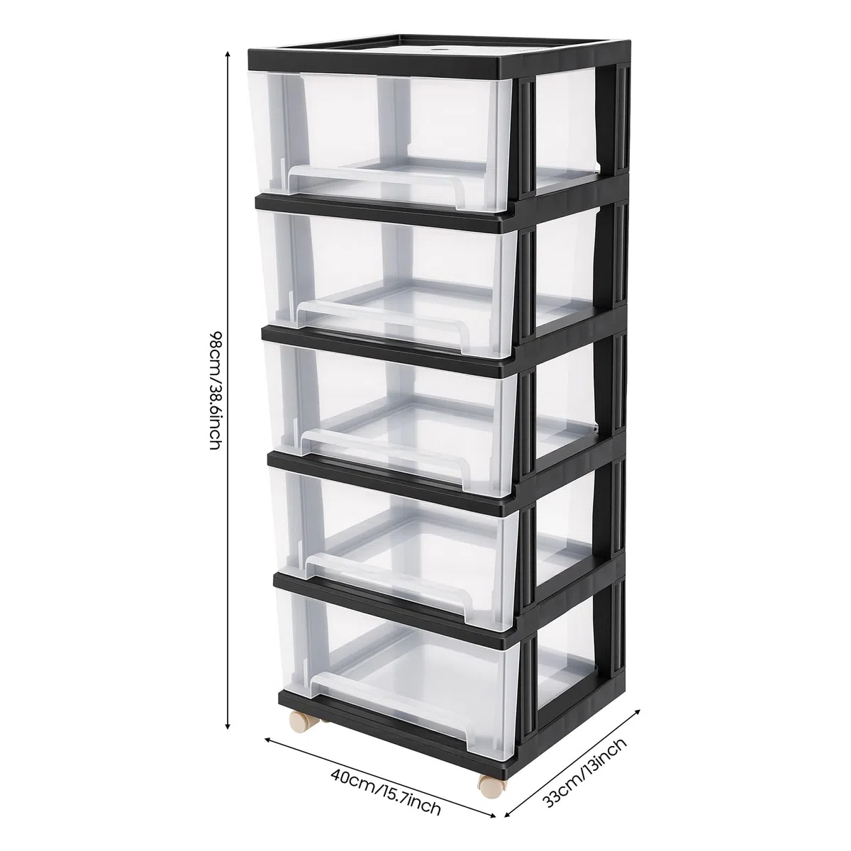 Torre de almacenamiento 5 cajones 40 cm negro, mueble de plástico con ruedas | 5 cajones, 40 x 33 x 98 cm, PP negro, transparente, ruedas, sin BPA, para A4