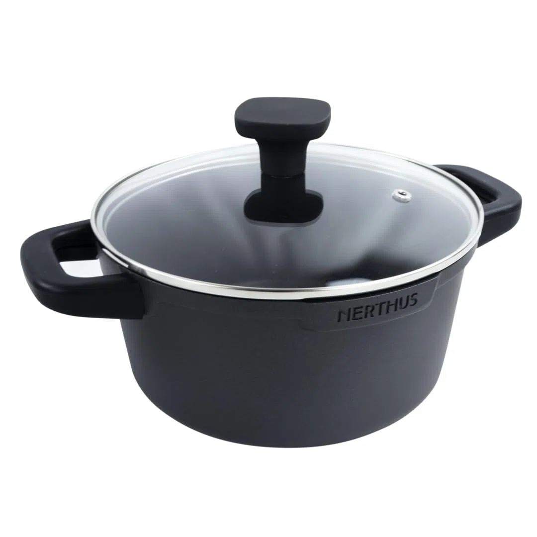 Nerthus FIH 1554 cacerola alta de aluminio fundido con revestimiento antiadherente quantanium apta para inducción, gas y vitrocerámica tapa de cristal con válvula y asas de silicona desmontables