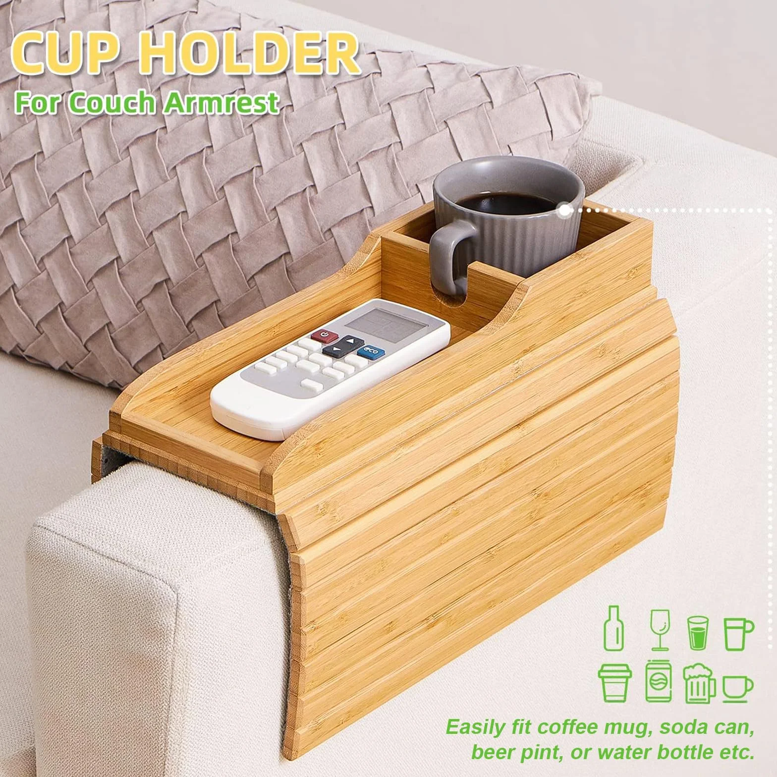 Bandeja de Brazo para Sofá con Alfombrillas para Tazas, Bandeja para Reposabrazos de Sofá Plegable, Mesa de Brazo de Sofás Bandejas de Sofás de Madera Antideslizante con Portavasos para Mando, Tazas
