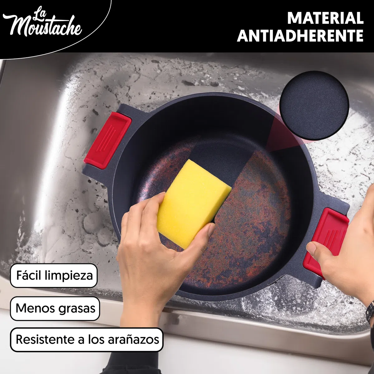 La Moustache - Cacerola Alta 24 cm, Aluminio Fundido con Antiadherente y Antirayaduras para Todas las Cocinas, Incluida Inducción, Sin PFOA, Tapa de Cristal, Asas de Silicona Ergonómicas (Blanco)