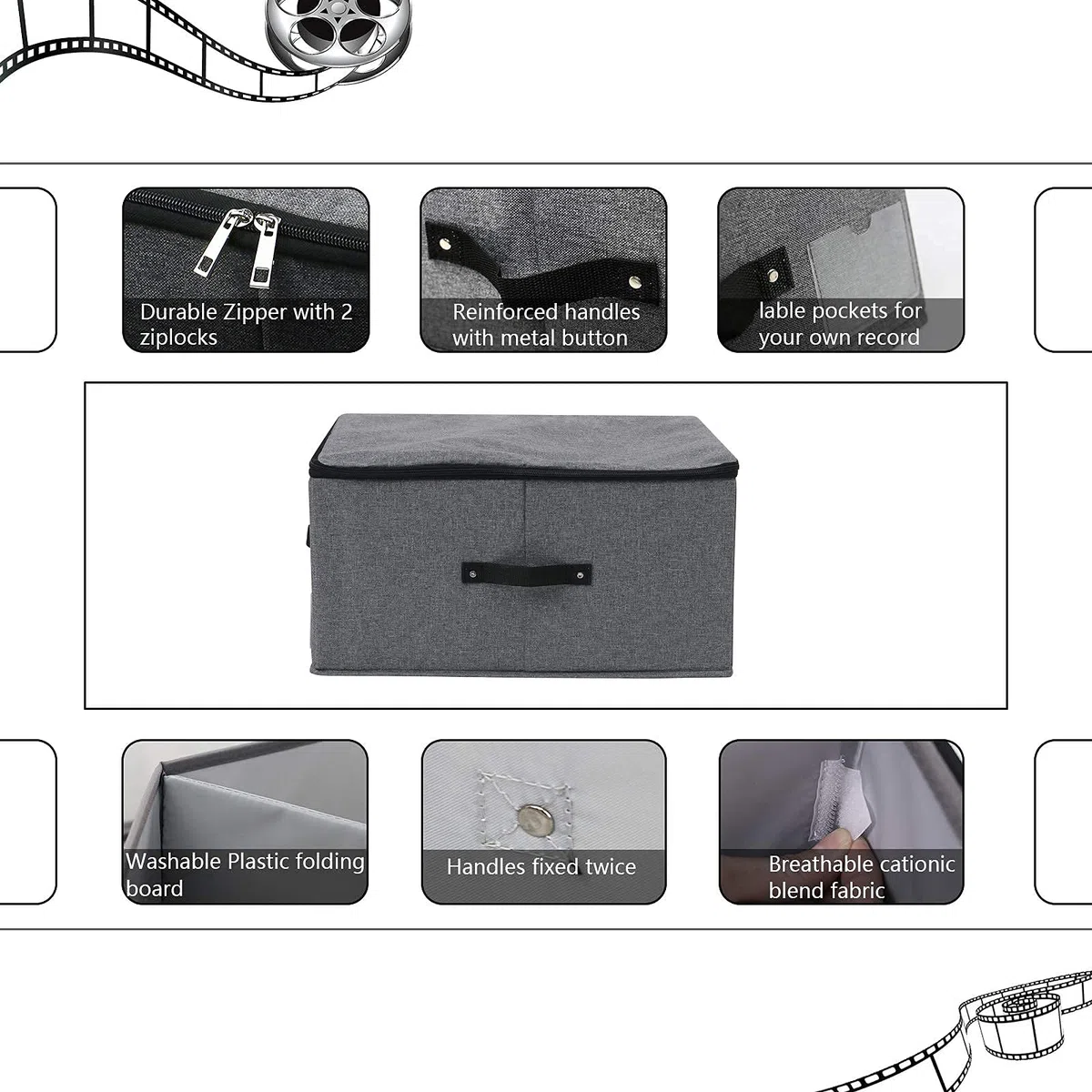 Cubo de Almacenamiento Plegable con Tablero Divisor, 4 Asas, Tapa con Cremallera Mantas Ropa Colcha Caja de Almacenamiento para Dormitorio Armario Estante de Armario, 52x40x26cm, Negro Gris