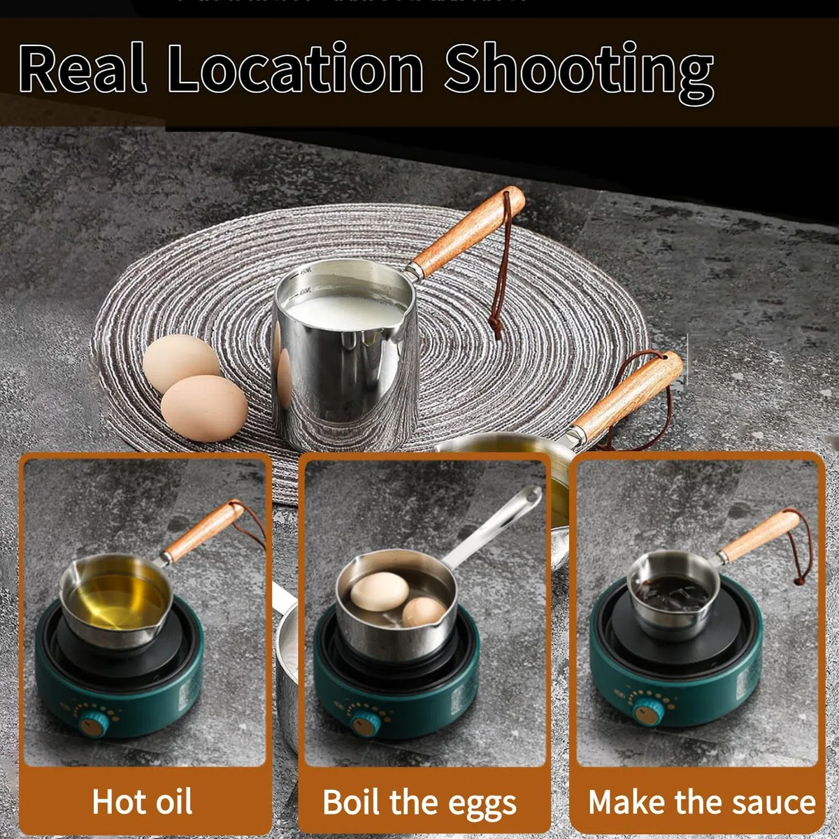 Tissting Cacerola Pequeña, Cacerola de Acero Inoxidable con Mango de Madera y Fondo Plano para Inducción para Derretir Mantequilla Chocolate Salsa Leche en Cocina Hogar