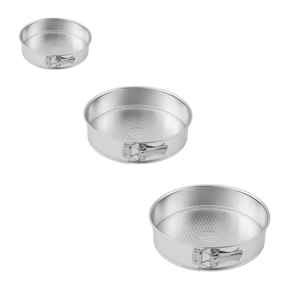 Zenker 9992155 Set de 3 moldes para tartas con bisagras de acero galvanizado, Molde para pastel redondo de hierro blanco, Plateado, Acero galvanizado, Diámetros de 18,5 cm + 26 cm + 28 cm