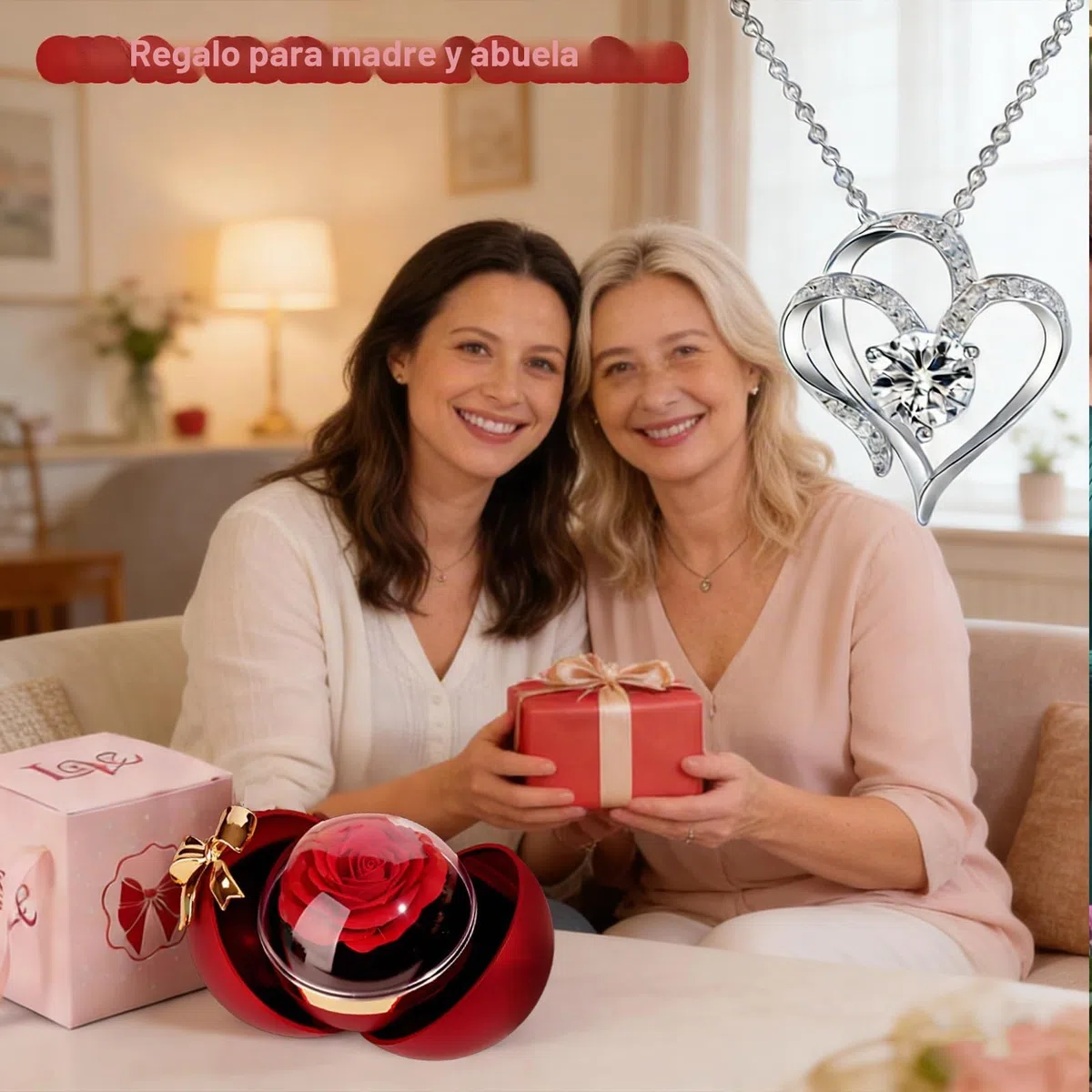 Rosa Eterna Natural Preservada,Caja Rosa Preservada con Collar Regalo，Regalo de Rosas Romántico con Mujer día Madre San Valentín Navidad Compromiso Matrimonio Aniversario Cumpleaños