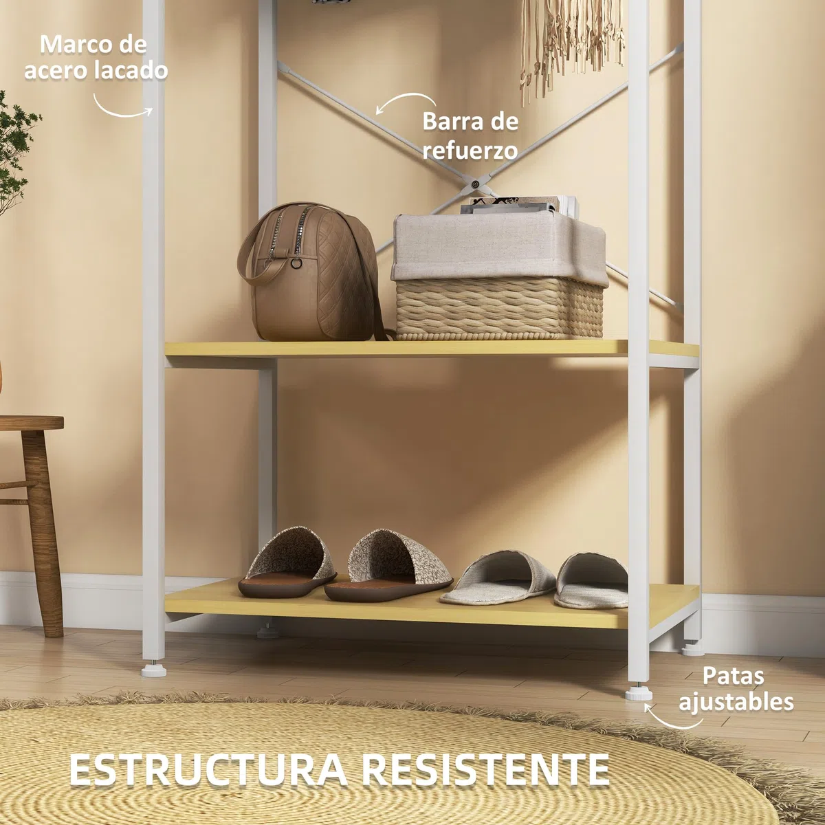 HOMCOM Perchero con Zapatero Perchero Entrada Recibidor con Riel Colgante y 2 Estantes de Almacenamiento para Pasillo Dormitorio 60x40x167,5 cm Natural y Blanco